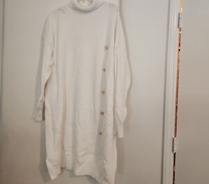 Cream Button-Accent Turtleneck Sweater Dress